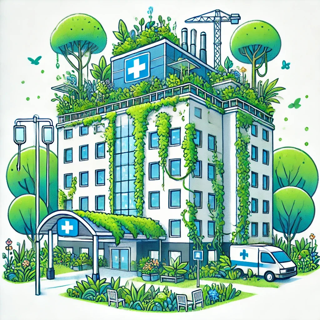 Illustration of a green, floral NHS hosptial