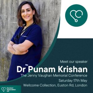 Photo of Dr Punam Krishan, a GP, BBC Morning Live resident doctor and author, with details of her speaking at DAUK's Jenny Vaughan Memorial Conference