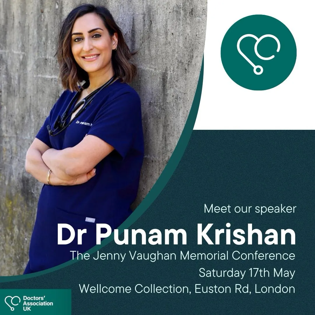 Photo of Dr Punam Krishan, a GP, BBC Morning Live resident doctor and author, with details of her speaking at DAUK's Jenny Vaughan Memorial Conference