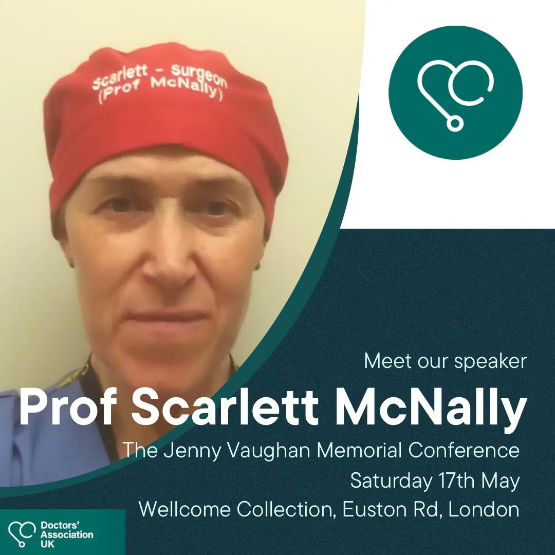 Head and shoulders photo of Professor Scarlett McNally. The text says meet our speaker Prof Scarlett McNally, the Jenny Vaughan Memorial Conference Saturday 17th May.