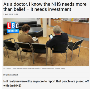 Screen grab of the headline and photo for an article on the LBC website by DAUK vice chair Dr Ellen Welch on public satisfaction with the NHS