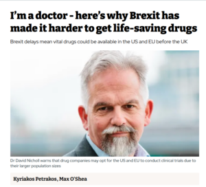 Newspaper clipping with the headline 'I'm a doctor - here's why Brexit has made it harder to get life-saving drugs' and a head and shoulders photo of Dr David Nicholl