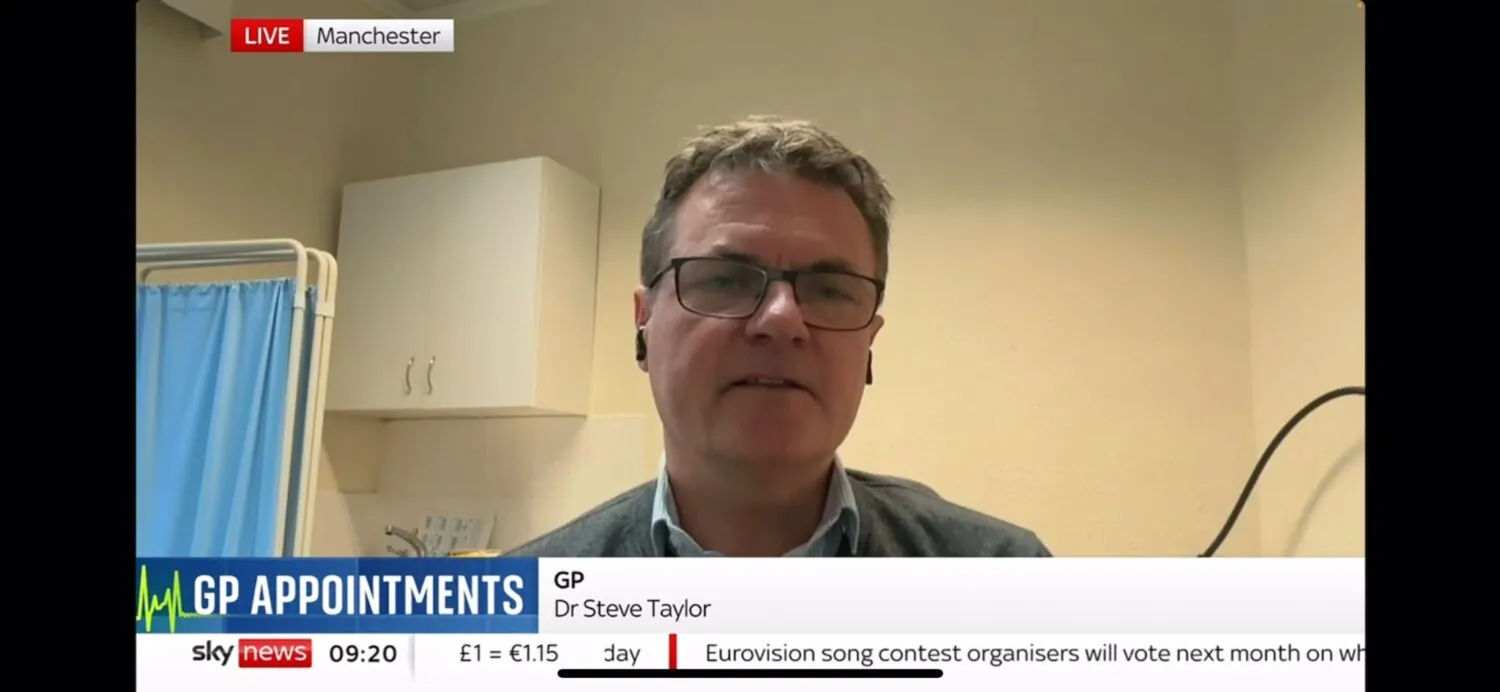 Dr Steve Taylor, DAUK GP co-lead, speaking on Sky News. Dr Taylor warned requirements for GP surgeries to offer online appointment bookings throughout the day could worsen long-standing pressures unless capacity issues are urgently addressed.