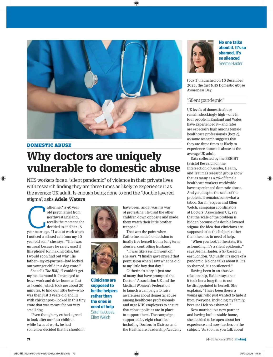 Image of the BMJ feature on domestic abuse which highlights the work of DAUK's Dr Ellen Welch and Dr Sarah Jacques in the area.